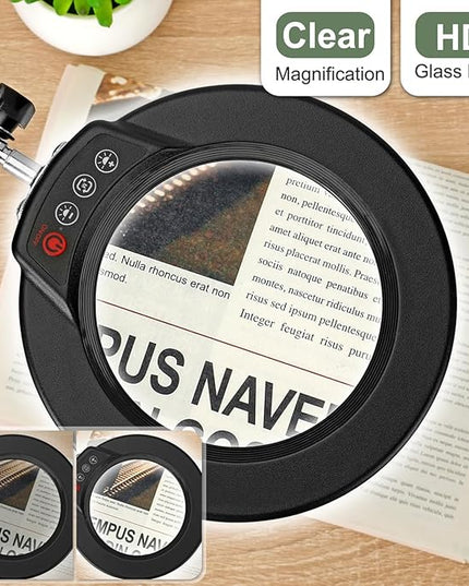 5X Magnifying Glass with Light and Stand, Upgrade Button 5 Color Modes Stepless Dimmable, 2-in-1 LED Lighted Magnifier Light, Hands Free Desk Lamp with Clamp for Craft Hobby Reading Close Work - LeafyLoom