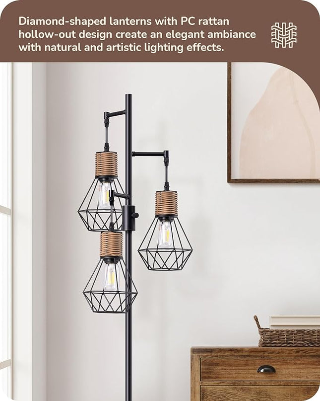 EDISHINE Dimmable Industrial Floor Lamp, Farmhouse Standing Lamp for Living Room with 3 LED Edison Bulbs, Diamond-Shaped Cage, Corner Rustic Rattan Reading Lamps for Bedroom, Office, Black - LeafyLoom