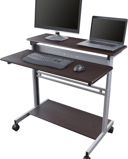Stand Up Desk Store Rolling Adjustable Height Two Tier Standing Desk Computer Workstation (Silver Frame/Dark Walnut Top, 40" Wide) - LeafyLoom