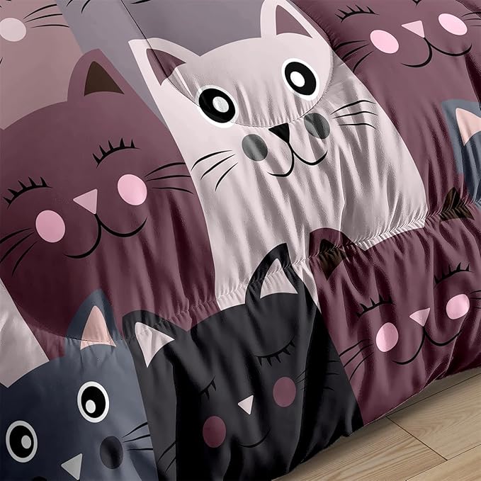 Cat Twin Comforter Set for Bedroom - 2Pcs Grey Cat Comforter Set for Teens Kids Cute Cartoon Cat Bedding Set Ultra Soft Warm Lightweight Kawaii Animal Patterns Comforter with Pillowcase - LeafyLoom