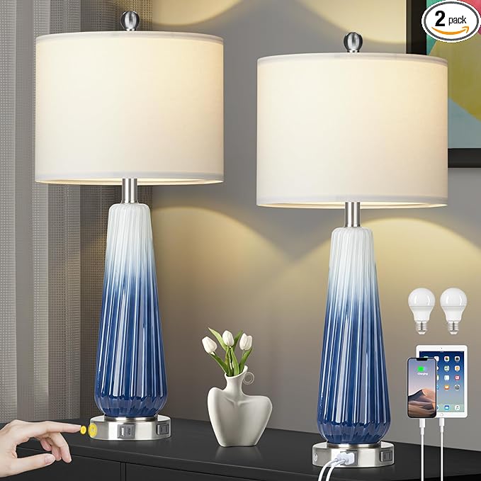 28" Glass Table Lamp Set of 2, Modern Table Lamps with USB A+C Ports & AC Outlet, Touch Control Bedside Nightstand Lamp with LED Night Light & White Fabric Shade for Living Room Blue(4 Bulbs Included) - LeafyLoom