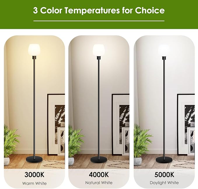 Floor Lamp for Living Room with 3 Color Temperatures, Standing Lamp with White Opal Glass Lampshade, Modern Tall Lamp with Foot Switch, Pole Lamp for Office Bedroom Dining Room, 9W LED Bulb Included - LeafyLoom