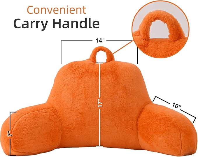 A Nice Night Faux Fur Reading Pillow Bed Wedge Large Adult Children Backrest with Arms Back Support for Sitting Up in Bed/Couch for Bedrest, Orange - LeafyLoom