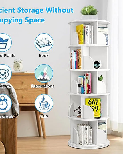 Rotating Bookshelf Tower, 360 Display 5 Tier Floor Standing Bookcase Storage Rack for Kids&Adults, Corner Bookshelf for Small Space, Book Shelf Rotating Bookcase for Bedroom, Living Room, Study - LeafyLoom