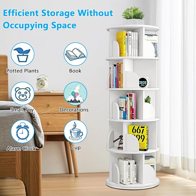Rotating Bookshelf Tower, 360 Display 5 Tier Floor Standing Bookcase Storage Rack for Kids&Adults, Corner Bookshelf for Small Space, Book Shelf Rotating Bookcase for Bedroom, Living Room, Study - LeafyLoom