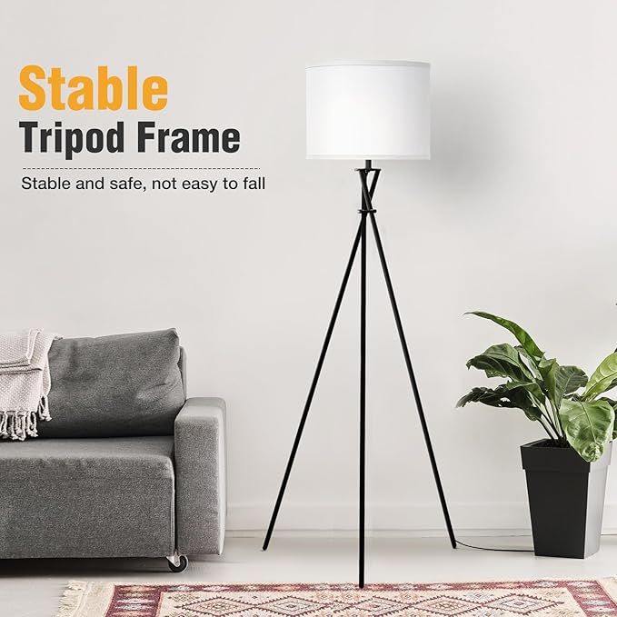 Modern Floor Lamps, 61" Tripod Floor Lamp, Mid Century Lamp with Simple Design, Lamps for Living Room, Bedroom, Office,Tall Standing Lamp with Rocker Swtich, Black White- without Bulb - LeafyLoom