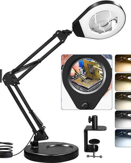 Magnifying Glass with Light and Stand & Clamp, Magnifying Desk Lamp with LED Lighted 5X Magnifier, Dual Fixtures, Upgraded Switch, for Hobby Craft Repair Reading Precision Work - LeafyLoom