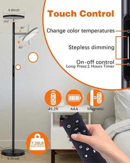 LED Dimmable Floor Lamp for Living Room, 69" Tall Lamp with Remote & Touch Control Upgrade Lamp Pole Rotary 90° Brightness 4 Color Temperature Standing Lamp for Bedroom/Office - LeafyLoom