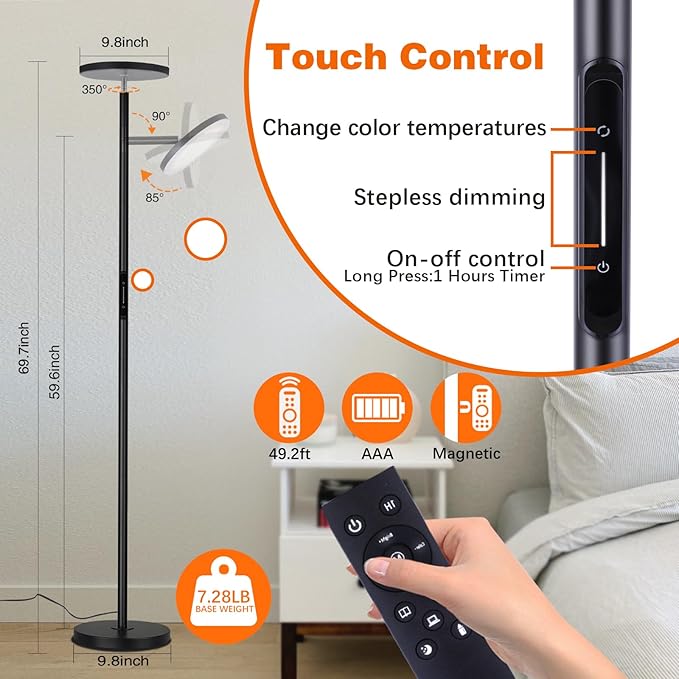 LED Dimmable Floor Lamp for Living Room, 69" Tall Lamp with Remote & Touch Control Upgrade Lamp Pole Rotary 90° Brightness 4 Color Temperature Standing Lamp for Bedroom/Office - LeafyLoom