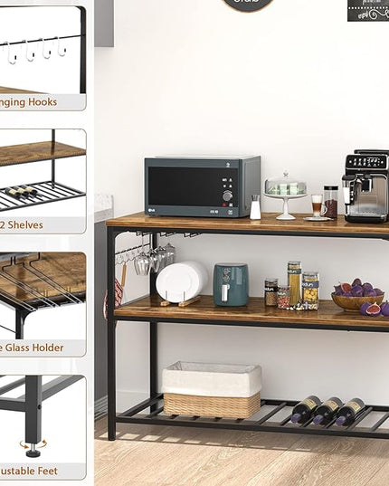 Homieasy Kitchen Island with Wine Glass Holder, Industrial Wood and Metal Coffee Bar Rack, 3 Tier Spacious Prep Table Extended Counter with Hooks Easy to Assemble, Rustic Brown - LeafyLoom
