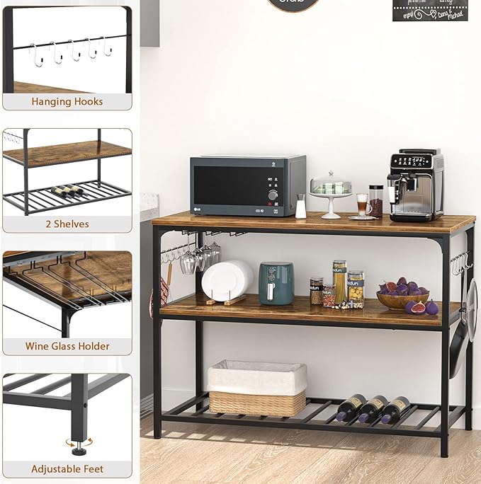 Homieasy Kitchen Island with Wine Glass Holder, Industrial Wood and Metal Coffee Bar Rack, 3 Tier Spacious Prep Table Extended Counter with Hooks Easy to Assemble, Rustic Brown - LeafyLoom