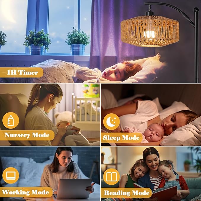 Floor Lamp with Remote, Rope Standing Lamps with LED Bulb, Boho Farmhouse Tall Pole Lamp with 3 Color Temperatures, Modern Black Floor Lamp for Living Room Bedroom Office Study - LeafyLoom