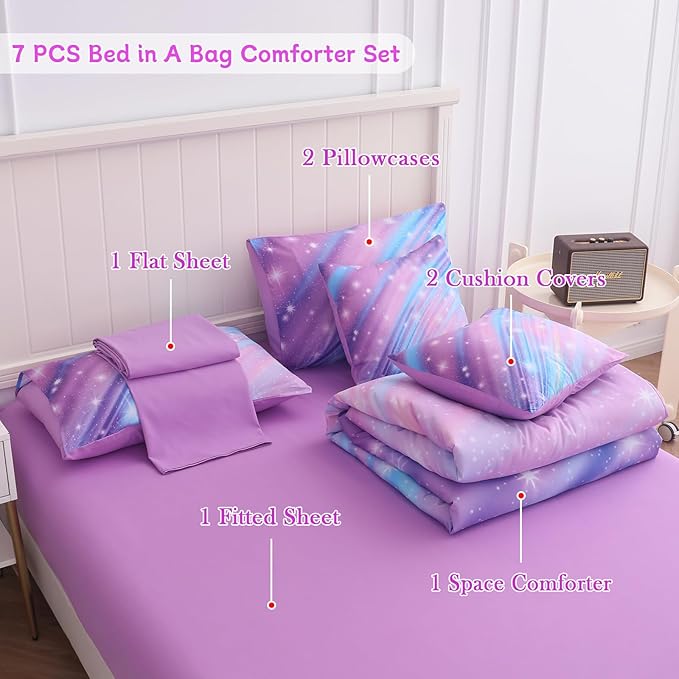 Twin Comforter Set for Girls Galaxy Bedding 7pieces, Ombre Bedding Comforter Sets Rainbow Comforter, Glitter Bedding Twin Teen Comforter Sets for Girls (Twill Rainbow) - LeafyLoom