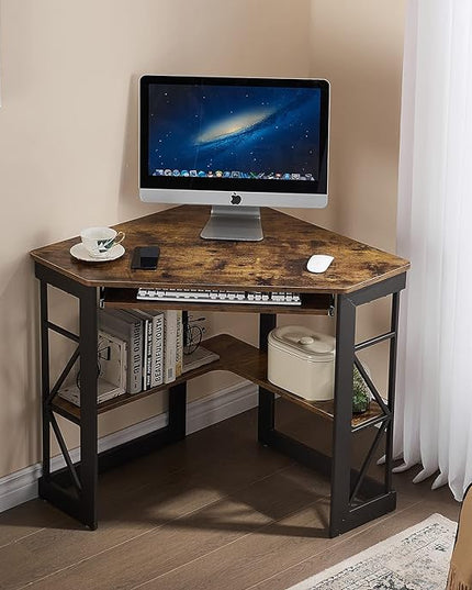 VECELO Corner Computer Desk 41 x 30 inches with Smooth Keyboard & Storage Shelves for Home Office Workstation, Antique Brown - LeafyLoom