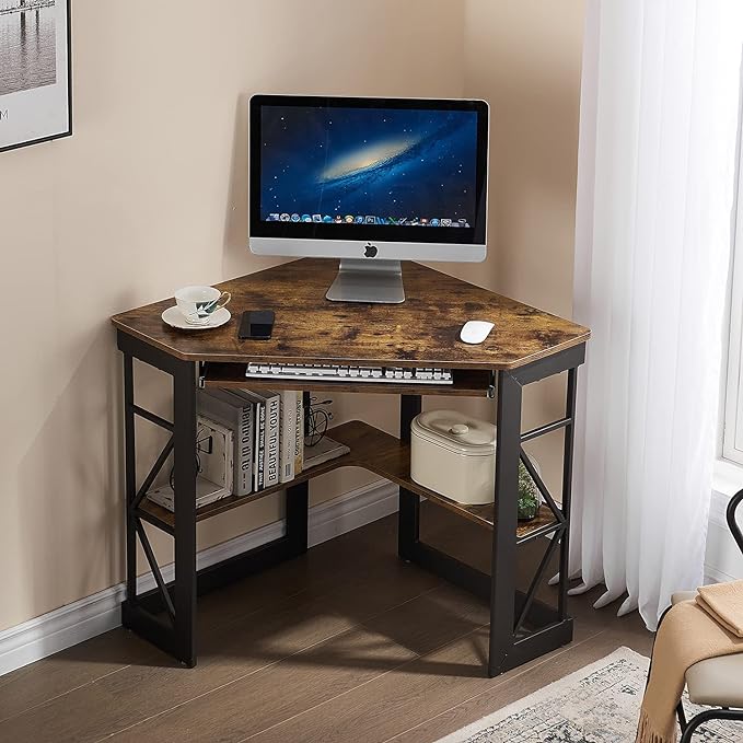 VECELO Corner Computer Desk Writing Smooth Keyboard Tray & Storage Shelves,Compact Home Office Triangle Table, Antique Brown - LeafyLoom