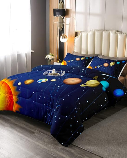 Erosebridal Solar System Comforter Set Twin Outer Space Bedding Set for Kids Boys Teens Universe Planets Down Comforter Galaxy Nebula Starry Sky Cosmos Quilted Duvet, Blue Purple - LeafyLoom