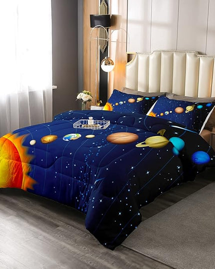 Erosebridal Boys Outer Space Down Comforter, Kids Galaxy Nebula Comforter Set Full Size, Starry Sky Cosmos Bedding Set for Children Girls, Solar System Starry Landscape Quilted Duvet, Blue Purple - LeafyLoom