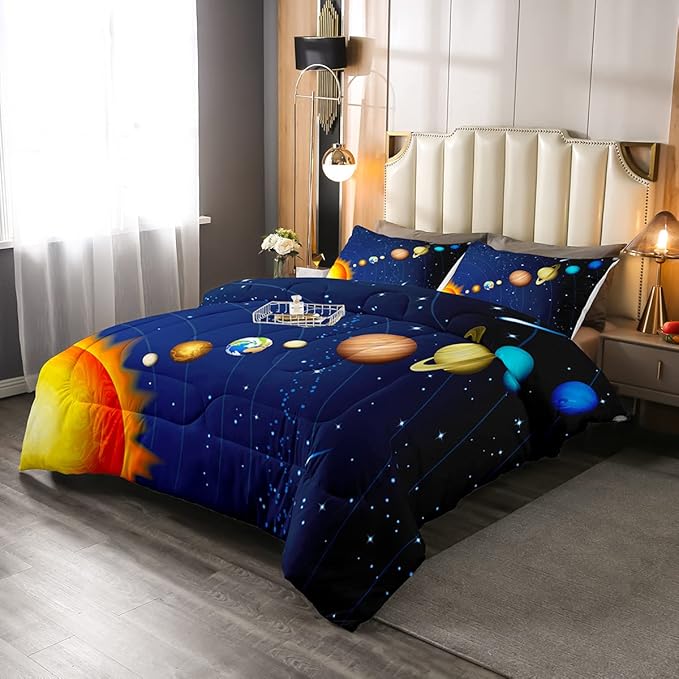 Erosebridal Boys Outer Space Down Comforter, Kids Galaxy Nebula Comforter Set Full Size, Starry Sky Cosmos Bedding Set for Children Girls, Solar System Starry Landscape Quilted Duvet, Blue Purple - LeafyLoom