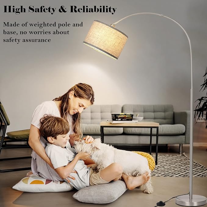 Arc Floor Lamp, Modern Floor Lamp for Living Room with Adjustable Head, Tall Pole Lamp with On/Off Pedal Switch, Over Couch Arched Tall Standing Light for Reading, Bedroom, Office (Silver) - LeafyLoom
