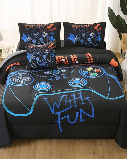 6Pcs Game Console Comforter Set with Sheets for Boys Girls Kids Teens, Geometric Gaming Themed Bed in A Bag Twin Size, 3D Video Gamer Controller Bedroom Decor Bedding Set(Blue) - LeafyLoom