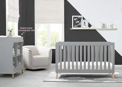 Delta Children Essex 4-in-1 Convertible Baby Crib, Grey with Natural Legs + Delta Children Twinkle Galaxy Dual Sided Recycled Fiber Core Crib and Toddler Mattress (Bundle) - LeafyLoom