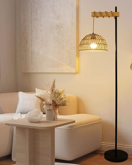 Floor Lamp for Living Room with 3 Color Temperatures and Stepless Dimmer, Smart Floor Lamp with Remote Control & APP, Tall Standing Lamp with Rattan Lampshade, Farmhouse Floor Lamps for Bedroom Office - LeafyLoom