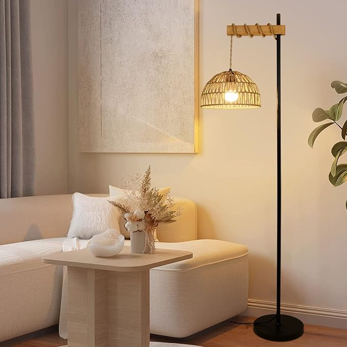 Floor Lamp for Living Room with 3 Color Temperatures and Stepless Dimmer, Smart Floor Lamp with Remote Control & APP, Tall Standing Lamp with Rattan Lampshade, Farmhouse Floor Lamps for Bedroom Office - LeafyLoom