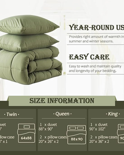WhatsBedding Sage Green Comforter Set Queen Size, Lightweight All Season Soft Down Alternative Bed Comforter, 3 Pieces Bedding Set with 2 Pillowcases, Queen, 88"x90" - LeafyLoom