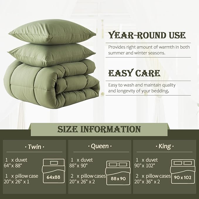 WhatsBedding Twin Size Comforter Set, Sage Green Lightweight All Season Soft Down Alternative Bed Comforter, Bedding Set with 1 Pillowcases, Twin, 64"x88" - LeafyLoom