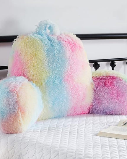 Faux Fur Backrest Pillow for Kids, Teen Reading Pillow with Arms, Fluffy Back Support Pillow for Sitting Up in Bed/Couch, Bed Wedge Pillow for Girls, Reading & Bed Rest Pillows (Pink) - LeafyLoom