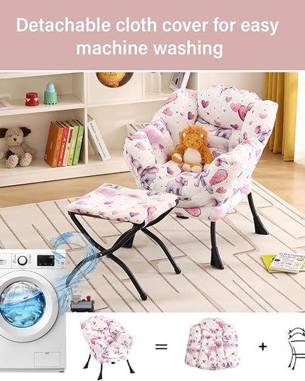 Welnow Toddler Kids Lazy Chair with Ottoman, Glow in The Dark Accent Comfy Lounge Children Armchair Couch with Removable Cover, Detachable Reading Chair with Footrest for Boy or Girl, Pink Elephant - LeafyLoom