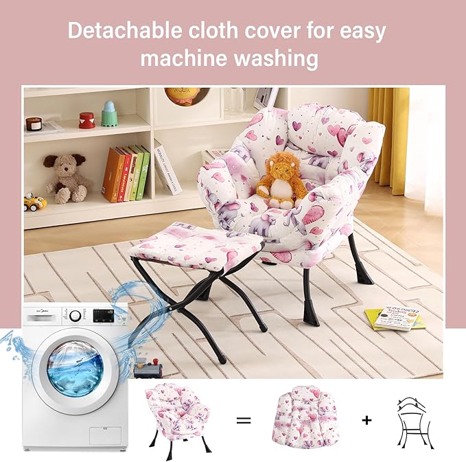 Welnow Toddler Kids Lazy Chair with Ottoman, Glow in The Dark Accent Comfy Lounge Children Armchair Couch with Removable Cover, Detachable Reading Chair with Footrest for Boy or Girl, Pink Elephant - LeafyLoom