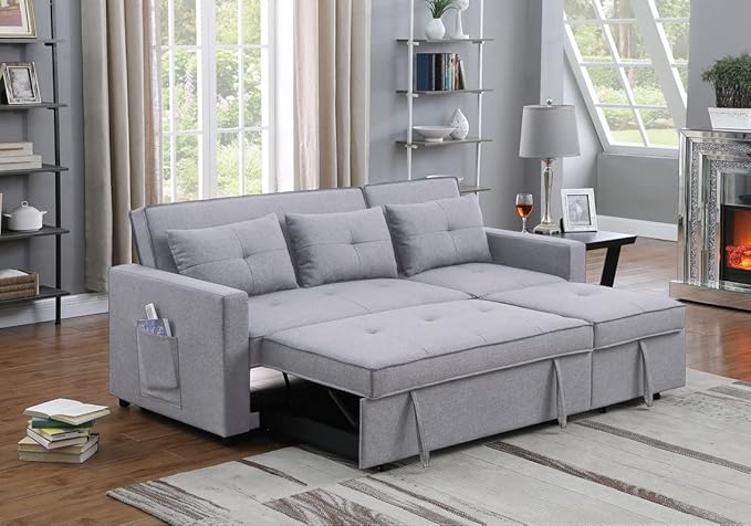 80'' L-Shape Convertible Sleeper Sectional Sofa with Pull-Out Recliner and Bed, Side Pocket, Linen Corner 3 Person Couch for Home Furniture, Living Room, Apartment, Dorm, Light Grey, 80" - LeafyLoom