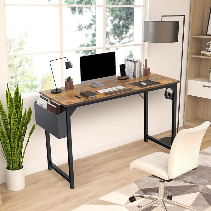 JHK Computer Small Desk Office 40 Inch Writing Work Kids Study Simple Wooden Table for Home Bedroom Modern Style with Headphone Hooks & Storage Bag, Rustic Brown - LeafyLoom
