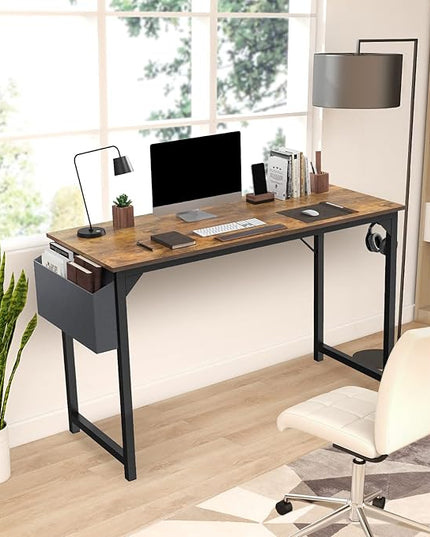 JHK Computer Small Desk Office 32 Inch Writing Work Kids Study Simple Wooden Table for Home Bedroom Modern Style with Headphone Hooks & Storage Bag, Rustic Brown - LeafyLoom