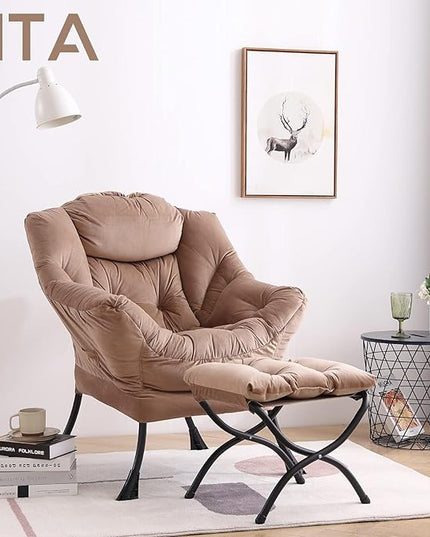 LITA Lazy Chair with Ottoman, Modern Accent Leisure Upholstered Sofa Chair, Contemporary Lounge Reading Chair with Armrests and a Side Pocket for Living Room, Bedroom & Small Space, Dark Brown - LeafyLoom