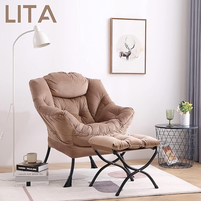 LITA Lazy Chair with Ottoman, Modern Accent Leisure Upholstered Sofa Chair, Contemporary Lounge Reading Chair with Armrests and a Side Pocket for Living Room, Bedroom & Small Space, Dark Brown - LeafyLoom