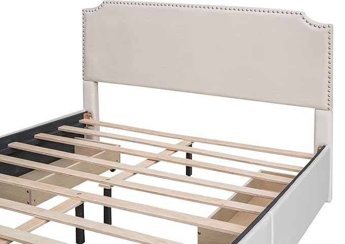 Queen Size Bed Frame with 4 Storage Drawers, Elegant Velvet Upholstered Platform Bed with Stud Trim Headboard and Footboard, Bedroom Furniture, No Box Spring Needed, Beige - LeafyLoom