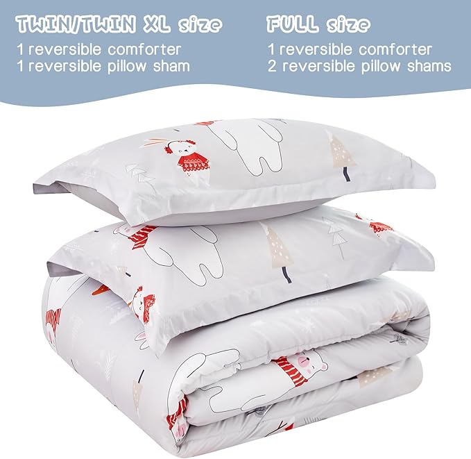 Kids Christmas Comforter Set Full for Boys Girls, Cute Reversible Quilted Bear Snowmen Reindeer Bunny Printed Bedding Set with Pillow Sham, Lightweight Soft Breathable Washable Bed Set 3 Piece - LeafyLoom