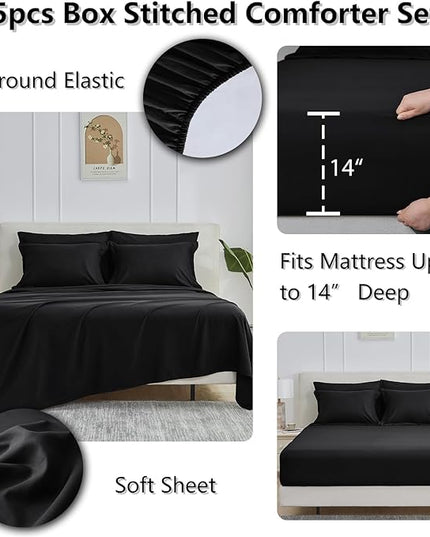 CozyLux Twin XL Size Comforter Sets - 7 Pieces Bed in a Bag Set Black Twin Extra Long, Complete Bedding Sets Bed Set for All Season with Comforter, Flat Sheets, Fitted Sheet, Pillowcases & Shams - LeafyLoom