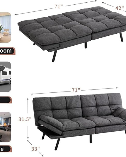 MUUEGM Futon Sofa Bed Convertible Memory Foam Sleeper Couch,Modern Loveseat for Living Room,Small Compact Space,Dorm,Office,Adjustable Armrests Backrest Sofabed, Linen Dark Grey - LeafyLoom