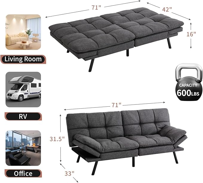 MUUEGM Futon Sofa Bed Convertible Memory Foam Sleeper Couch,Modern Loveseat for Living Room,Small Compact Space,Dorm,Office,Adjustable Armrests Backrest Sofabed, Linen Dark Grey - LeafyLoom