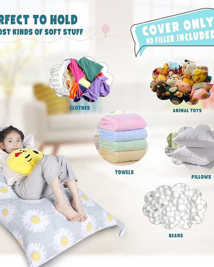 Stuffed Animal Storage Bean Bag Chair Cover, Canvas Daisy Plush Toy Storage Stuff and Sit Seat for Kids/Teens/Adults, 52" x 31" Extra Large Triangle Floor Sofa Lounger, 200L/52Gal, Cover Only - LeafyLoom