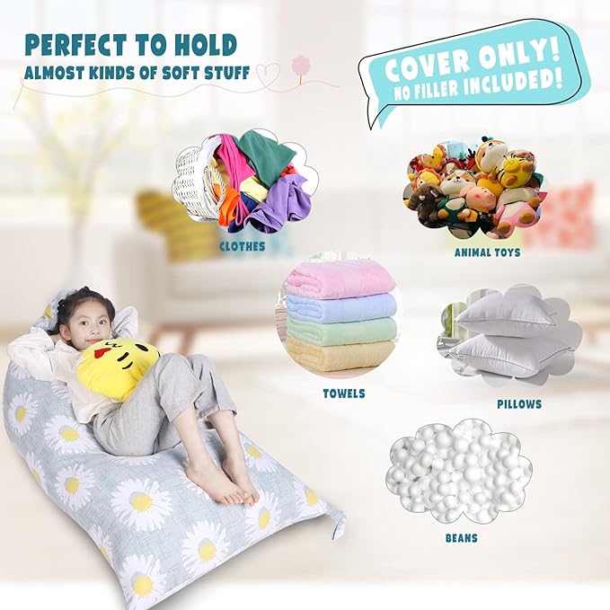 Stuffed Animal Storage Bean Bag Chair Cover, Canvas Daisy Plush Toy Storage Stuff and Sit Seat for Kids/Teens/Adults, 52" x 31" Extra Large Triangle Floor Sofa Lounger, 200L/52Gal, Cover Only - LeafyLoom