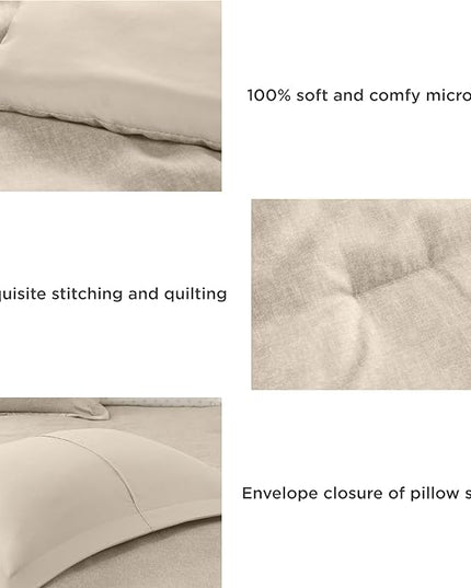 7 Pieces Beige Bedding Sets with Comforter, Modern Farmhouse Bed in a Bag King Size, Solid Lightweight Comforter Set with Sheets, Pillowcases & Shams - LeafyLoom