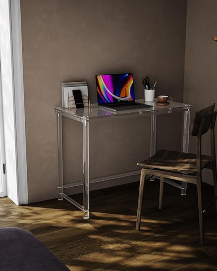 HMYHUM Acrylic Desk, Clear Desk for Home Office for Laptop, Study, Writing, Vanity Table with Cylindrical Legs, Modern, Easy Assembly, 39.4" L x 19.7" W x 29.5" H - LeafyLoom