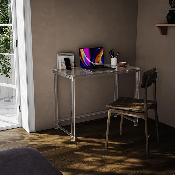 HMYHUM Acrylic Desk, Clear Desk for Home Office for Laptop, Study, Writing, Vanity Table with Cylindrical Legs, Modern, Easy Assembly, 39.4" L x 19.7" W x 29.5" H - LeafyLoom
