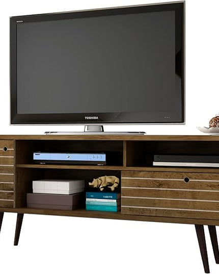 Manhattan Comfort Liberty Mid Century Modern TV Stand for Televisions up to 65 Inches, Bedroom and Living Room Entertainment Center with Storage, Shelves, and Cabinet, 71" Wide, Rustic Brown - LeafyLoom