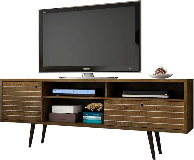 Manhattan Comfort Liberty Mid Century Modern TV Stand for Televisions up to 65 Inches, Bedroom and Living Room Entertainment Center with Storage, Shelves, and Cabinet, 71" Wide, Rustic Brown - LeafyLoom