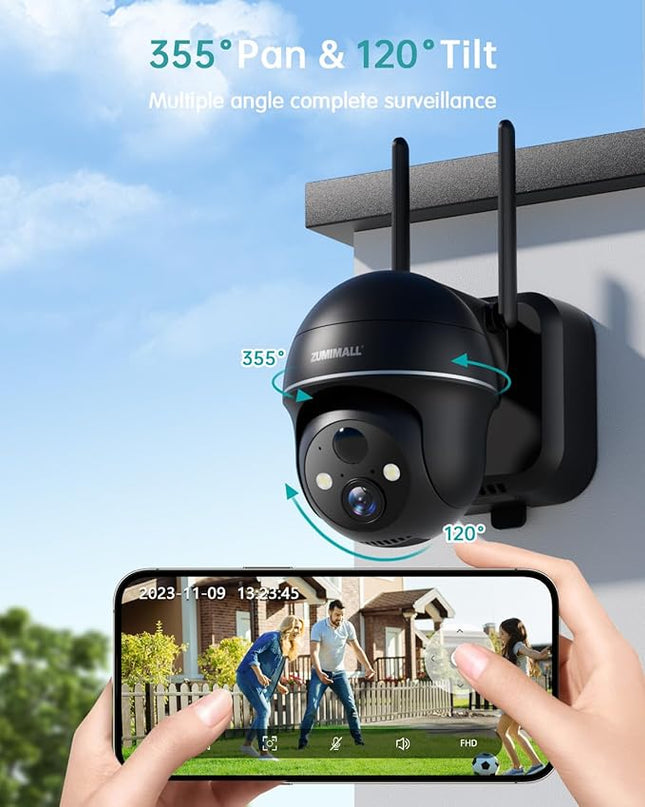 ZUMIMALL Security Cameras Wireless Outdoor - 2 Packs, 2.4G WiFi Battery Powered Cameras for Home Security, 360° View, Spotlight & Siren/PIR Detection/3MP Color Night Vision/2-Way Talk/IP66/Cloud ZUMIMALL